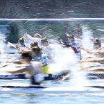 Tokió, 2021. augusztus 6. Kozák Danuta, Csipes Tamara, Kárász Anna és Bodonyi Dóra (középen b-j) a női kajaknégyesek 500 méteres versenyének előfutamában a világméretű koronavírus-járvány miatt 2021-re halasztott 2020-as tokiói nyári olimpián a Sea Forest Kajak-kenu Pályán 2021. augusztus 6-án. A magyar egység győzött futamában és bejutott a középdöntőbe.