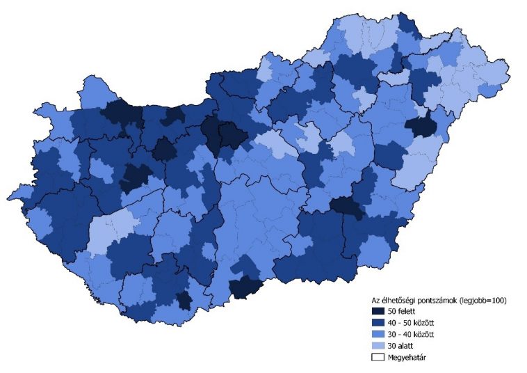 Az élhetőségi pontszámok Magyarország különböző járásaiban