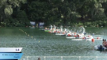 Keller Gergő a 7-es (alulról a harmadik) pályán a K1 200-asok rajtjánál