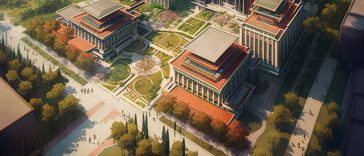 A Fudan látványterve by Midjourney AI (Prompt: University campus on 43 hectars for 10000 students. The campus area is square. On one side is a road, the opposite side is a 50 meters wide river. The buildings are built in modern Chinese style. Bird's view.)