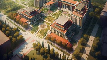 A Fudan látványterve by Midjourney AI (Prompt: University campus on 43 hectars for 10000 students. The campus area is square. On one side is a road, the opposite side is a 50 meters wide river. The buildings are built in modern Chinese style. Bird's view.)