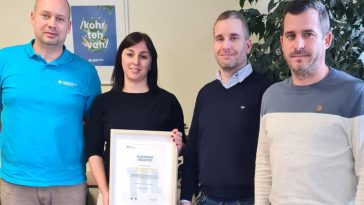 Zakar Mihály, a Corteva szarvasi üzemének vezetője, Snajder Anikó, a Corteva Agriscience beszerzés szervezője, Somogyi Gábor, kereskedelmi igazgató és Tóth Gábor, csomagolástechnikai szaktanácsadó, Manupackaging Hungary Kft.