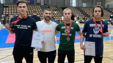 Tálas Bendegúz, Ruzsinszki György edző, Nagy Máté és Kerti Kelemen.