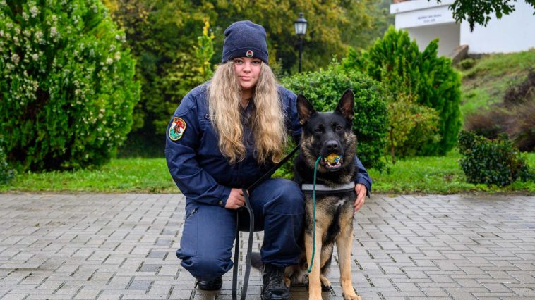 Korbely Dominika rendőr őrmester és Cody, a Szarvasi Rendőrkapitányság kötelékében 2024 júliusa óta szolgáló német juhászkutya.