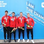 A K-4 500-on aranyérmes magyar egység, jobb szélen Opavszky Márk. (Fotó: kajakkenusport.hu)
