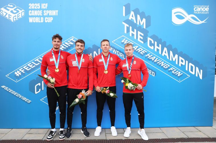 A K-4 500-on aranyérmes magyar egység, jobb szélen Opavszky Márk. (Fotó: kajakkenusport.hu)